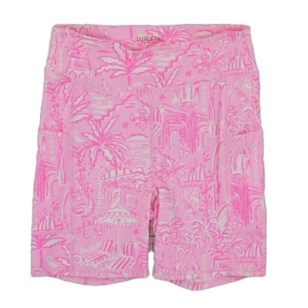 Lilly Pulitzer Luxletic Pink Bike Shorts Women's Size Medium Tropical Palm Drop